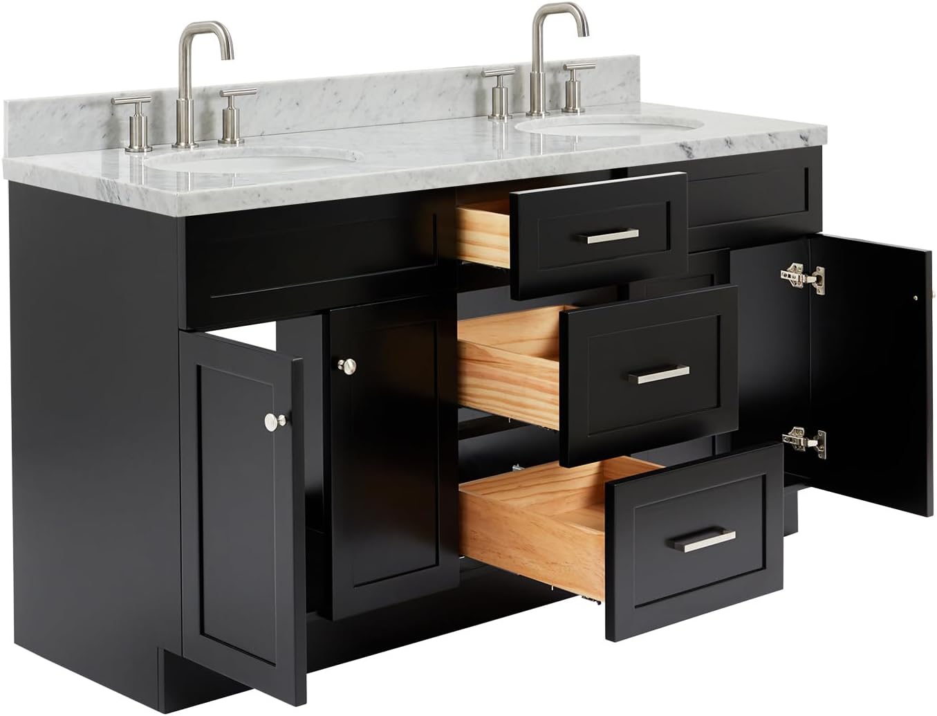 ARIEL Hamlet 66-inch Bathroom Vanity with Sink,Solid Wood, 1.5-inch Italian Carrara Marble Countertop & Backsplash, Double Oval Porcelain Sink, 4 Soft Closing Doors, 3 Dovetail Drawers, Black