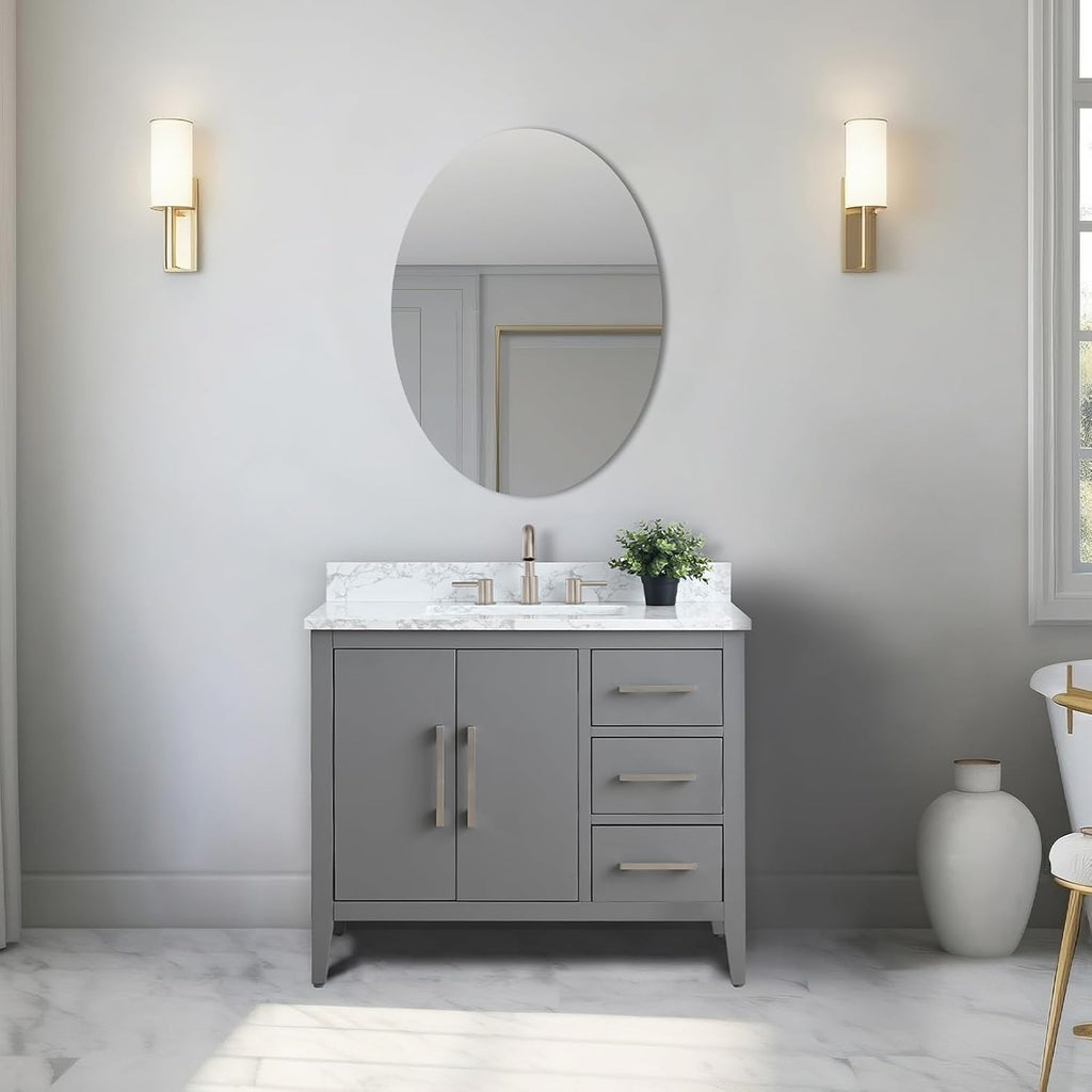 Vanity Art 42 inch Bathroom Vanity with Single Sink & Ceramic Top, Vanity Cabinet with Soft-Closing Doors, Drawers, Solid Wood Frame, Cashmere Gray, Brushed Nickle Handware