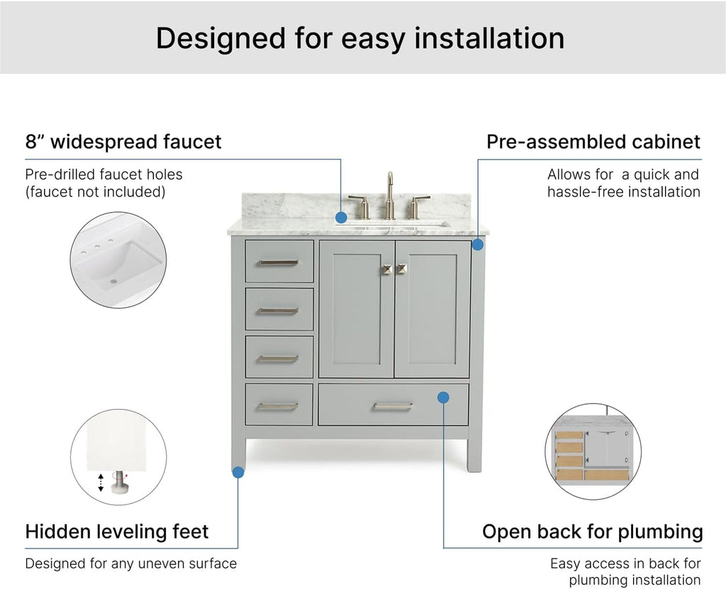 ARIEL Cambridge 36-inch Bathroom Vanity with Sink,Solid Wood, 0.75-inch Italian Carrara Marble Countertop, Single Rectangular Porcelain Sink, 2 Soft Closing Doors, 5 Dovetail Drawers, Grey