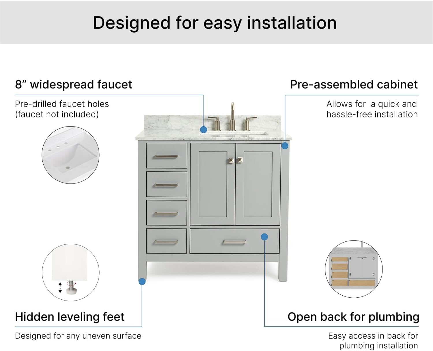 ARIEL Cambridge 36-inch Bathroom Vanity with Sink,Solid Wood, 0.75-inch Italian Carrara Marble Countertop, Single Rectangular Porcelain Sink, 2 Soft Closing Doors, 5 Dovetail Drawers, Grey