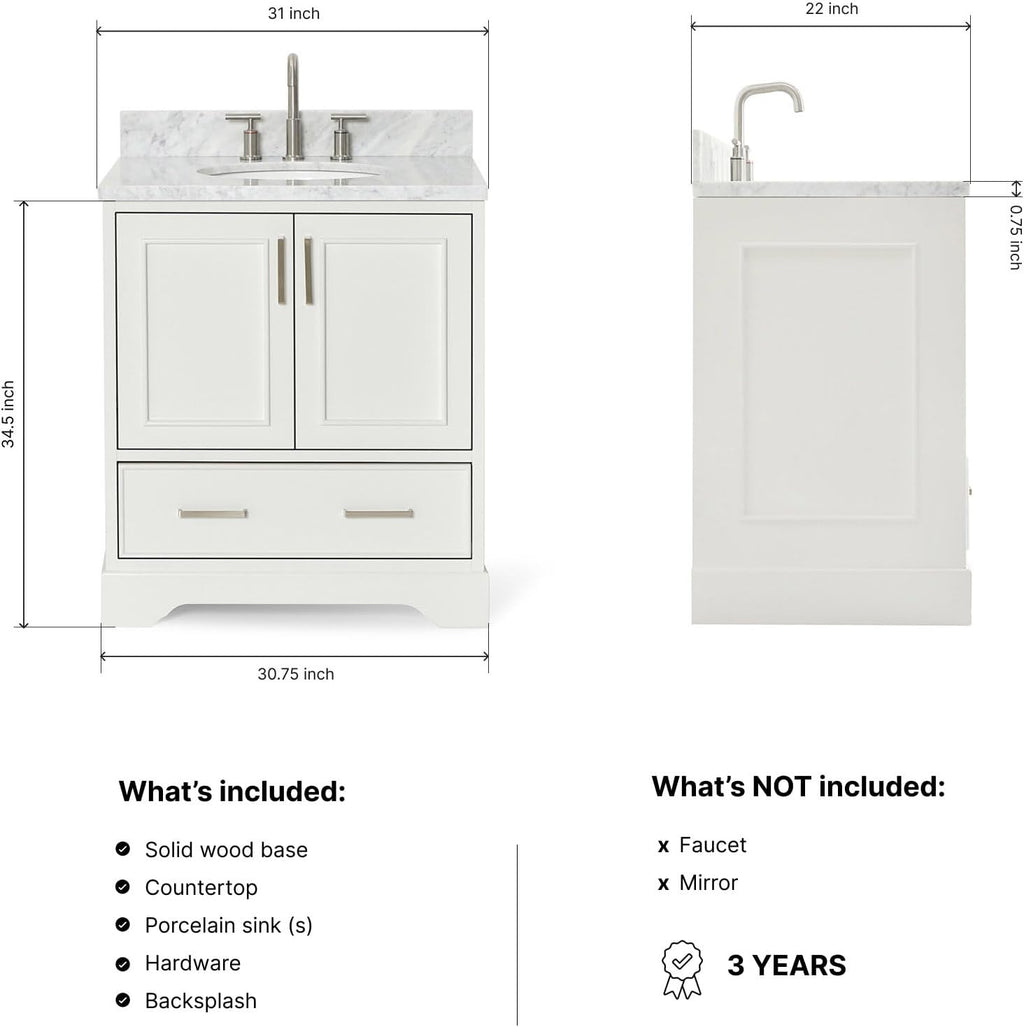 ARIEL Stafford 30-inch Bathroom Vanity with Sink,Solid Wood, 0.75-inch Italian Carrara Marble Countertop & Backsplash, Single Oval Porcelain Sink, 2 Soft Closing Doors, 1 Dovetail Drawers, White