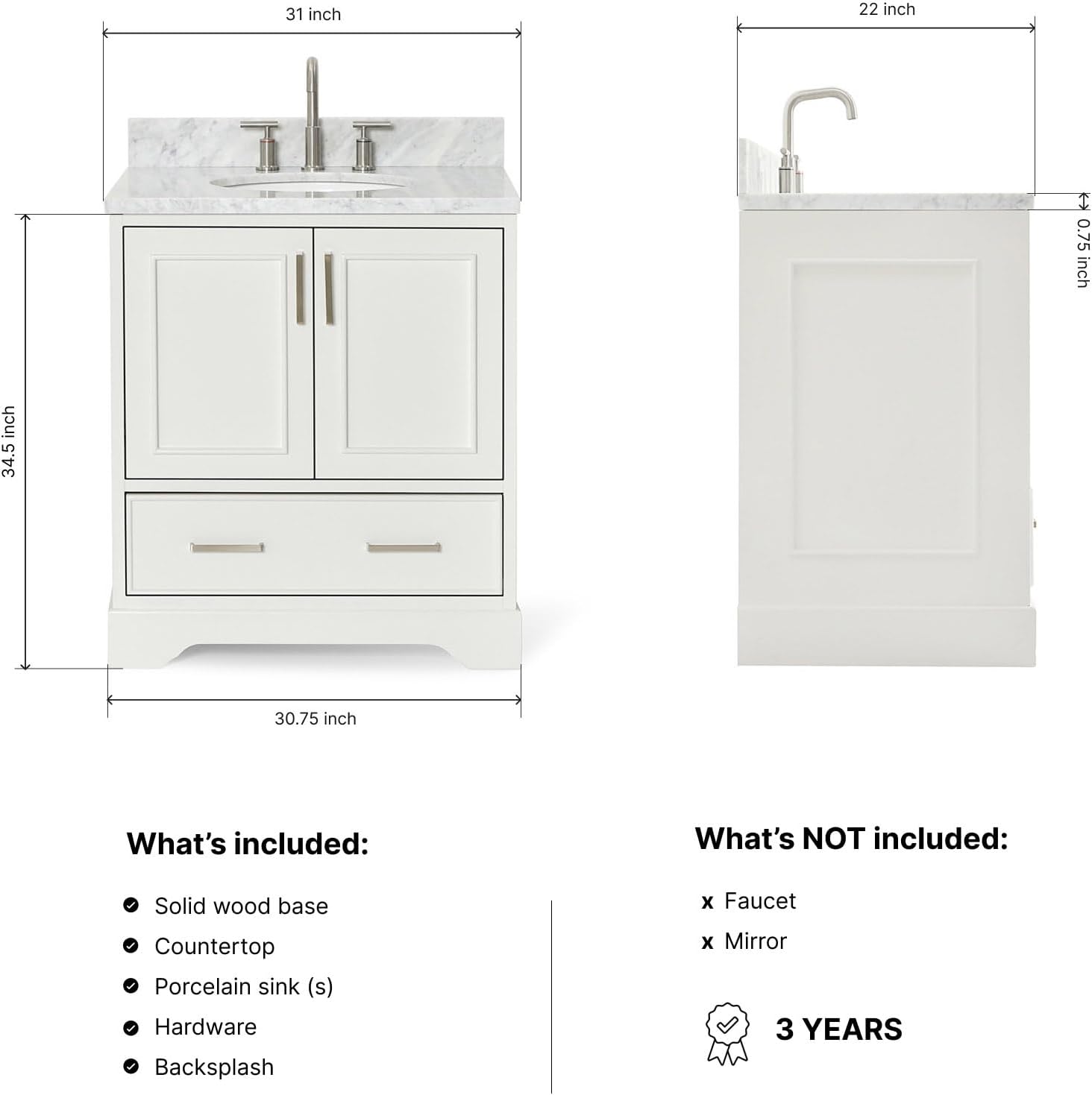 ARIEL Stafford 30-inch Bathroom Vanity with Sink,Solid Wood, 0.75-inch Italian Carrara Marble Countertop & Backsplash, Single Oval Porcelain Sink, 2 Soft Closing Doors, 1 Dovetail Drawers, White