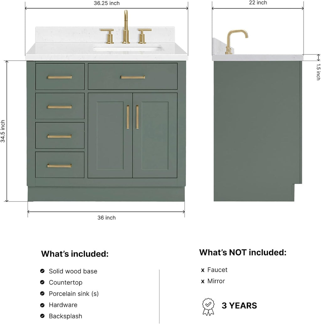 ARIEL Hepburn 36-inch Bathroom Vanity with Sink,Solid Wood, 1.5-inch Carrara White Quartz Countertop, Single Rectangular Porcelain Sink, 2 Soft Closing Doors, 5 Dovetail Drawers, Vintage Green