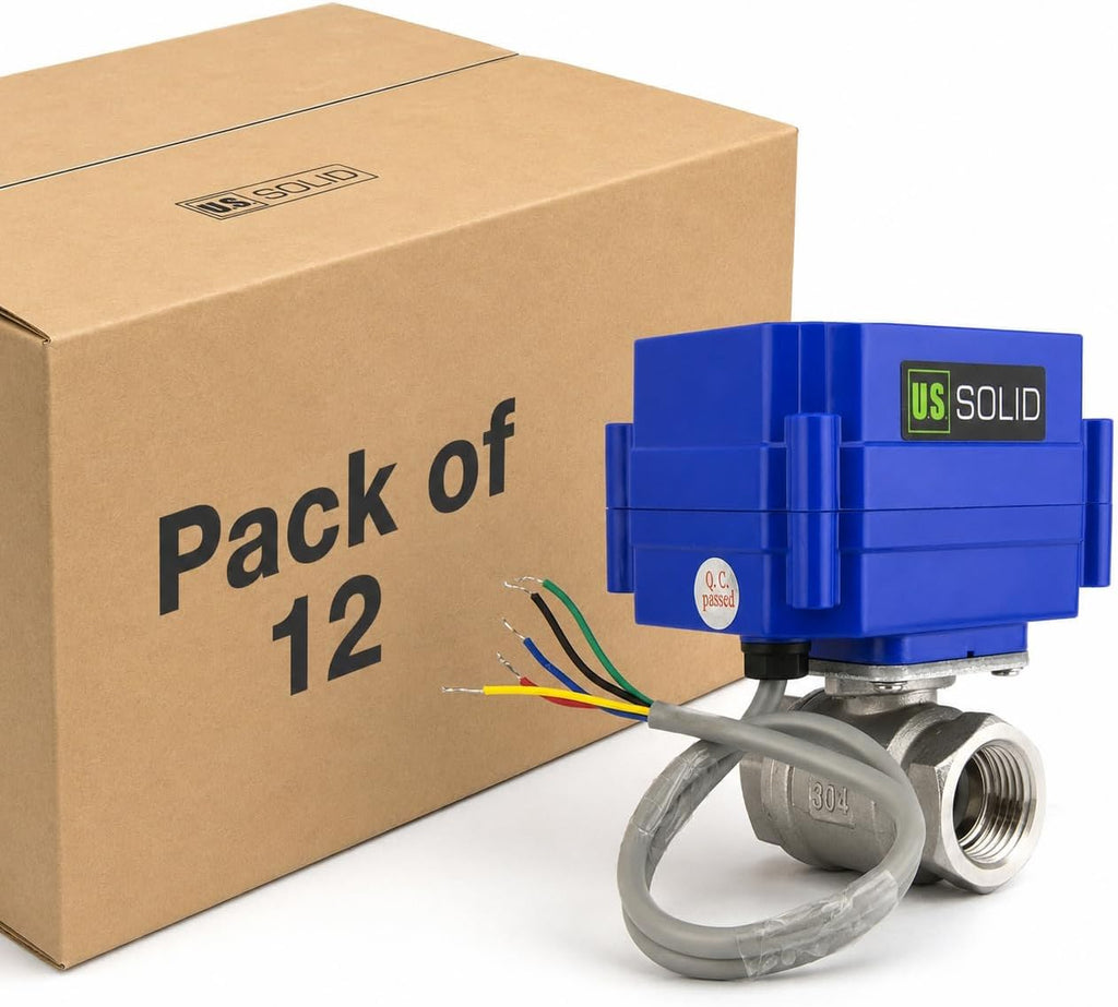 U.S. Solid 1/4' Motorized Ball Valve, NSF Certified 304SS Electrical Valve with Full Port, 9-24V DC, 5 Wire Setup, Compatible with Indicator Lights for Open/Closed Position(12-pack)