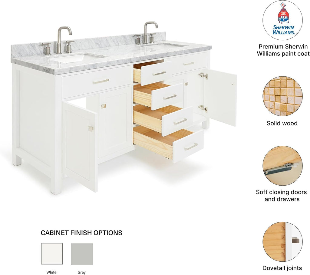 DKB Alenza 72 Inch Bathroom Vanity Double Sink — White Bathroom Vanity with Sink, 1.5' Edge Italian Carrara Marble Countertop & Backsplash, 4 Soft-Close Doors, 4 Dovetail Drawers