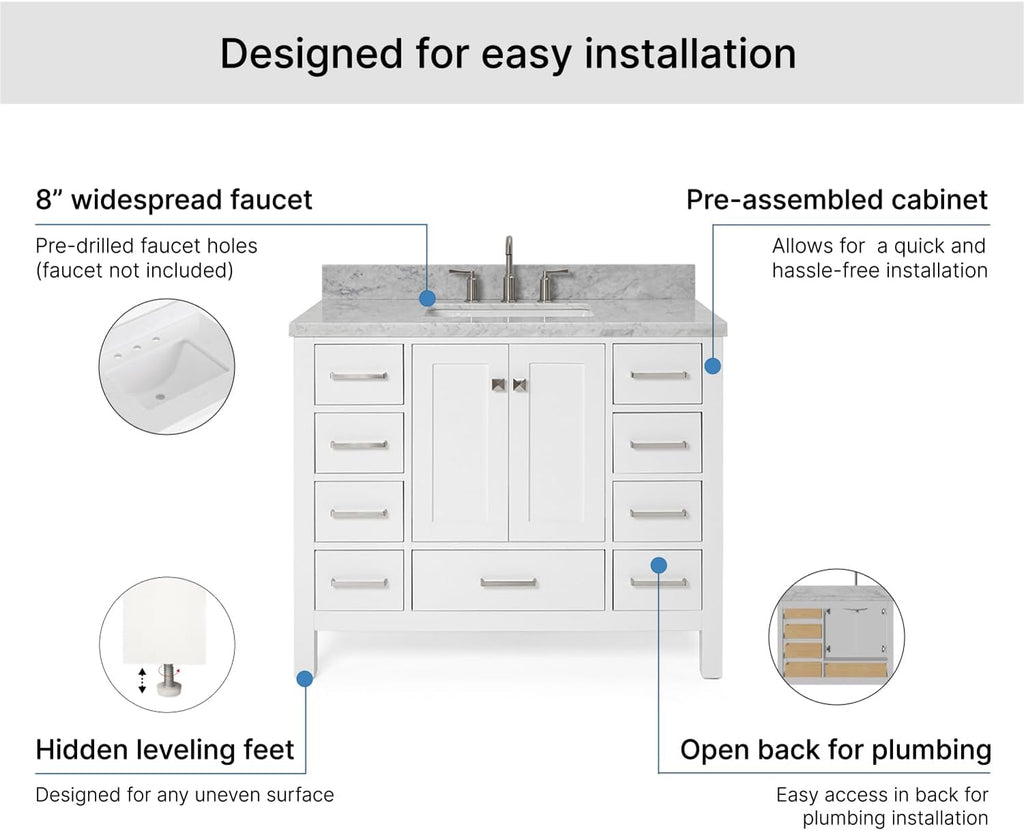 ARIEL Cambridge 42-inch Bathroom Vanity with Sink,Solid Wood, 1.5-inch Italian Carrara Marble Countertop, Single Rectangular Porcelain Sink, 2 Soft Closing Doors, 9 Dovetail Drawers, White