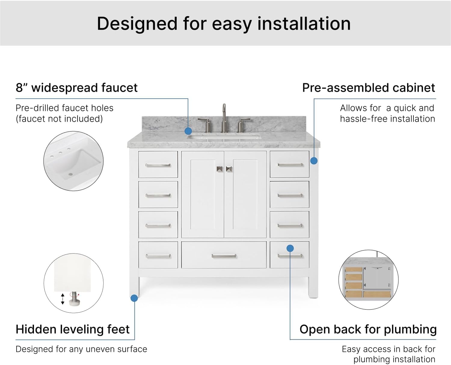 ARIEL Cambridge 42-inch Bathroom Vanity with Sink,Solid Wood, 1.5-inch Italian Carrara Marble Countertop, Single Rectangular Porcelain Sink, 2 Soft Closing Doors, 9 Dovetail Drawers, White