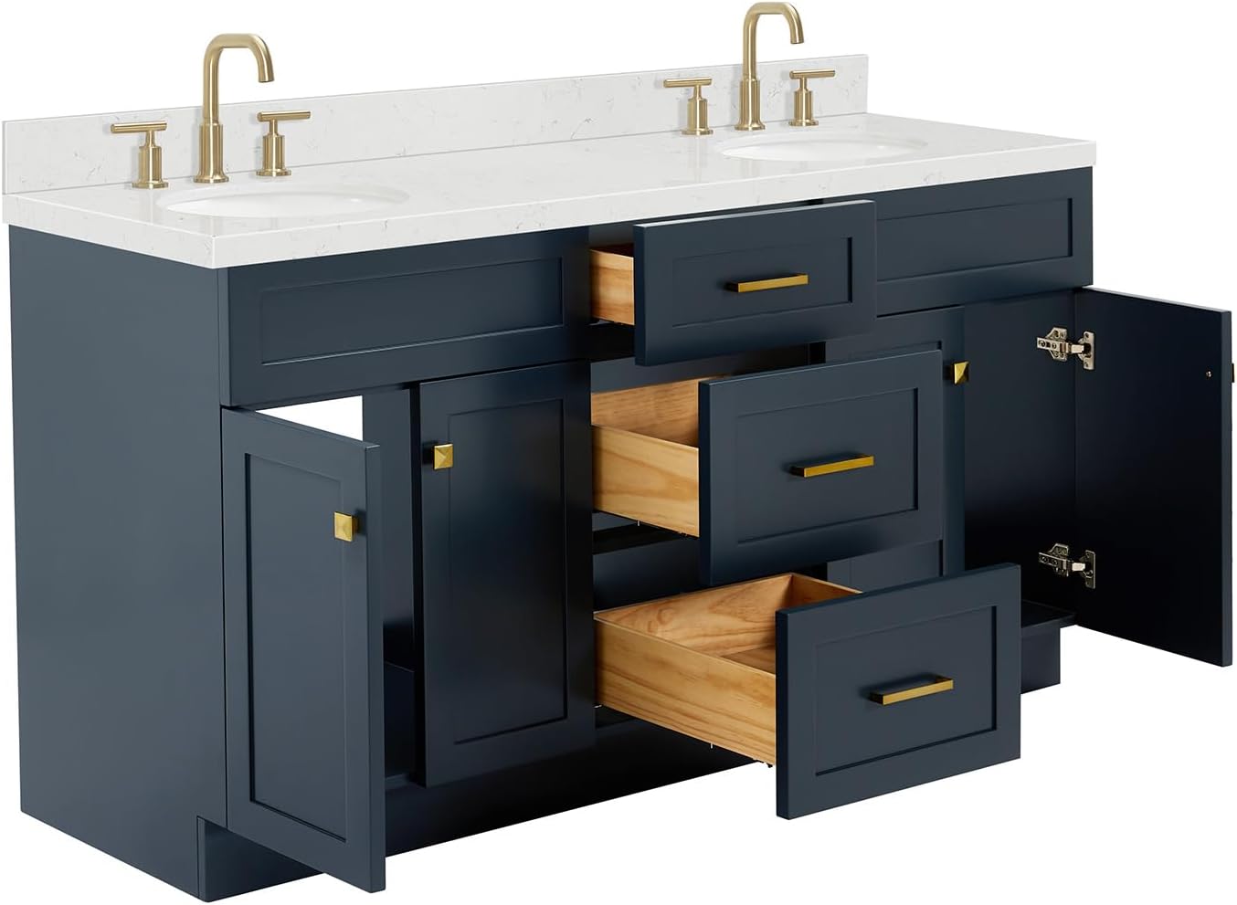 ARIEL Hamlet 66-inch Bathroom Vanity with Sink,Solid Wood, 1.5-inch Carrara White Quartz Countertop & Backsplash, Double Oval Porcelain Sink, 4 Soft Closing Doors, 3 Dovetail Drawers, Midnight Blue