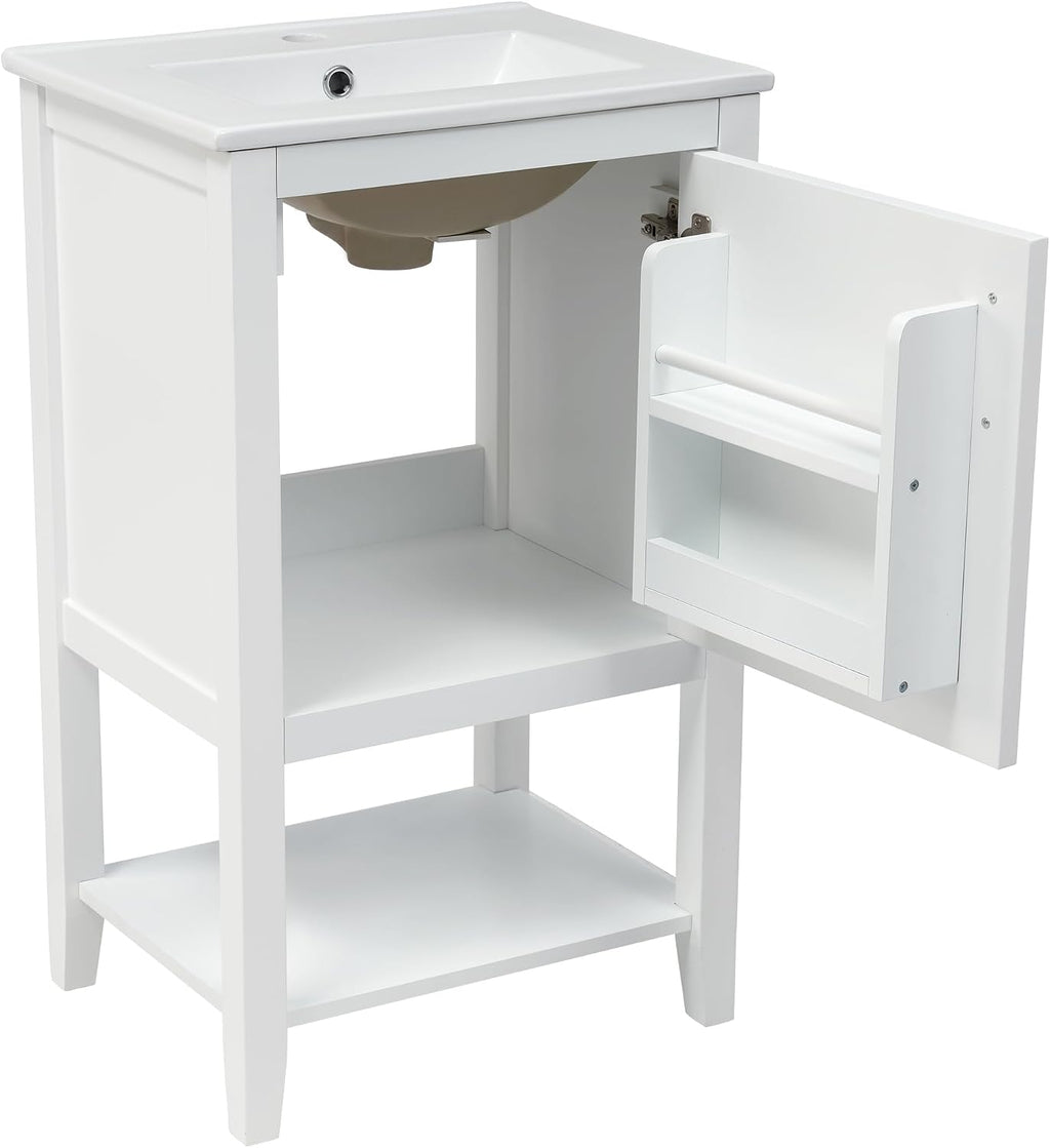 LUMISOL 20' Bathroom Vanity with Sink Top, Modern Bathroom Storage Cabinet with Soft Close Door, Storage Rack & Open Shelf, Free Standing Single Vanity with Ceramic Sink for Small Bathroom, White