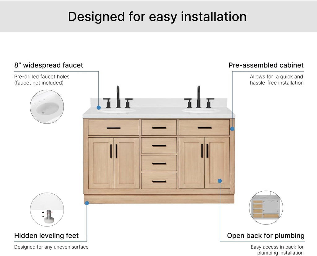 ARIEL Hepburn 60-inch Bathroom Vanity with Sink,Solid Wood, 1.5-inch Carrara White Quartz Countertop & Backsplash, Double Oval Porcelain Sink, 4 Soft Closing Doors, 6 Dovetail Drawers, White Oak