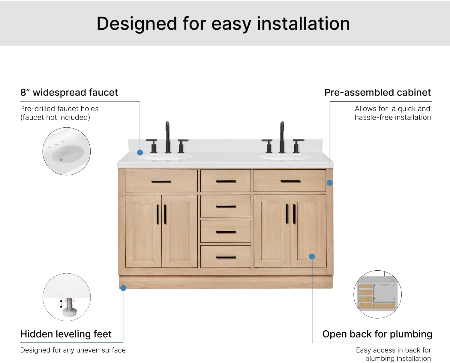ARIEL Hepburn 60-inch Bathroom Vanity with Sink,Solid Wood, 1.5-inch Carrara White Quartz Countertop & Backsplash, Double Oval Porcelain Sink, 4 Soft Closing Doors, 6 Dovetail Drawers, White Oak