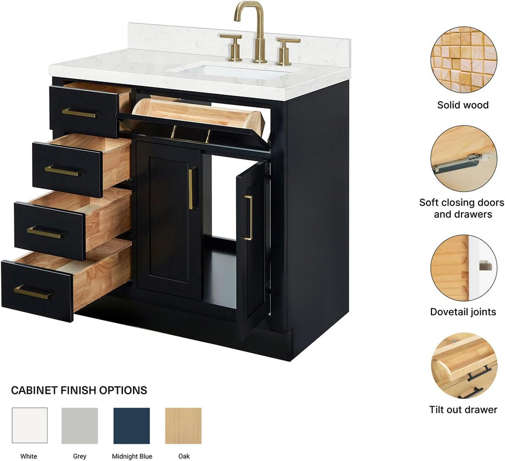 ARIEL Hepburn 36-inch Bathroom Vanity with Sink,Solid Wood, 1.5-inch Carrara White Quartz Countertop & Backsplash, Single Rectangular Porcelain Sink, 2 Soft Closing Doors, 5 Dovetail Drawers, Black