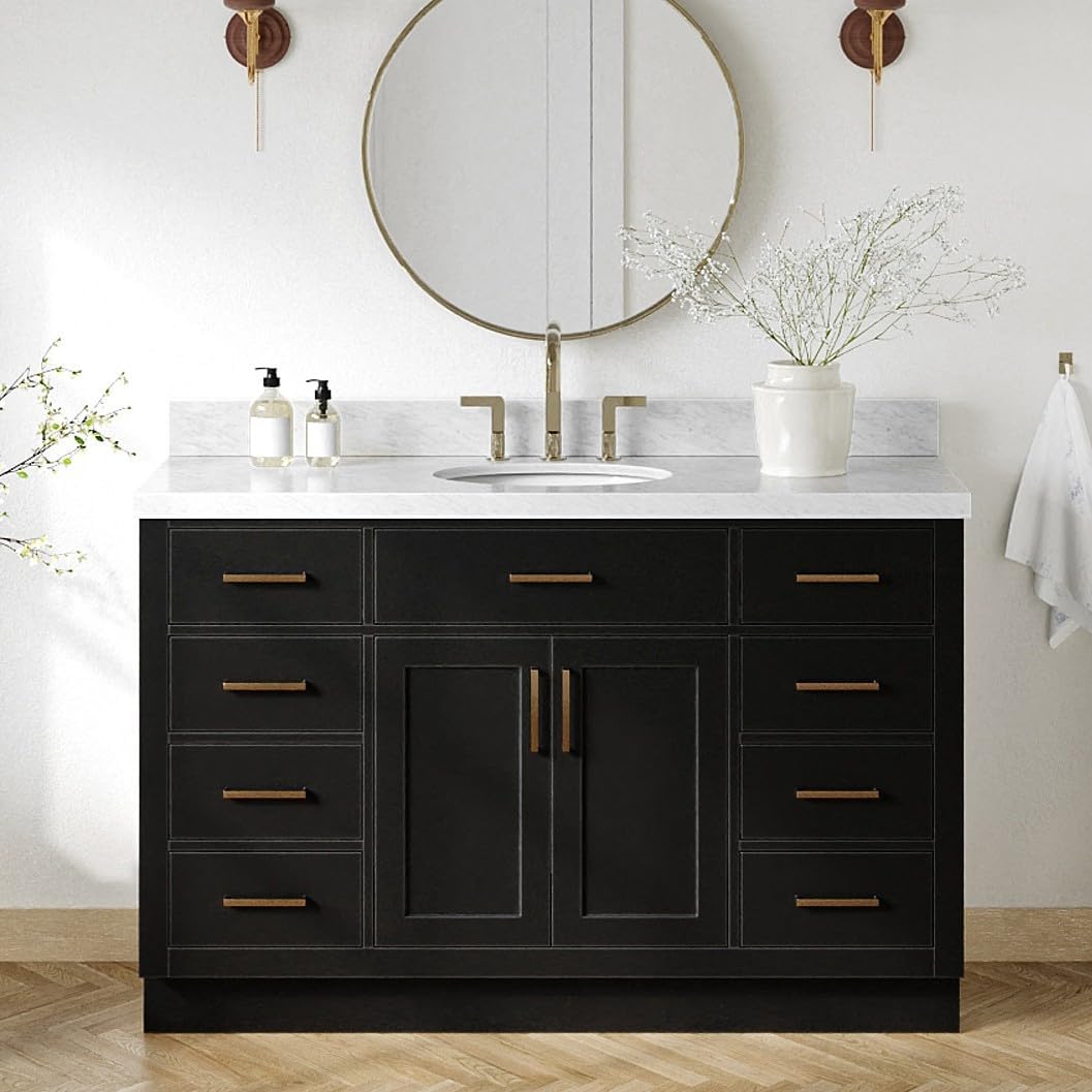 ARIEL Hepburn 54-inch Bathroom Vanity with Sink,Solid Wood, 1.5-inch Italian Carrara Marble Countertop & Backsplash, Single Oval Porcelain Sink, 2 Soft Closing Doors, 9 Dovetail Drawers, Black