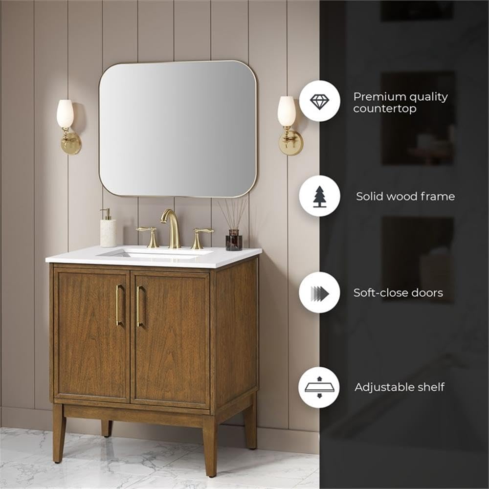 Pemberly Row 30' Bathroom Vanity, Warm Walnut Finish, White Engineered Stone Countertop with Rectangular Undermount Sink, Adjustable Shelf, Soft-Close Doors, Small Bathrooms or Powder Rooms