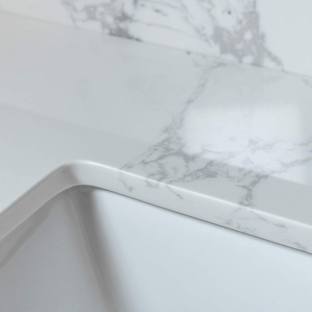 31 Inch Marble Vanity Top with Undermounted Rectangular Ceramic Sink & Backsplash, White Carrara Engineered Stone Countertop Vanity Sink Top for Bathroom 1 Pre-Drilled Hole