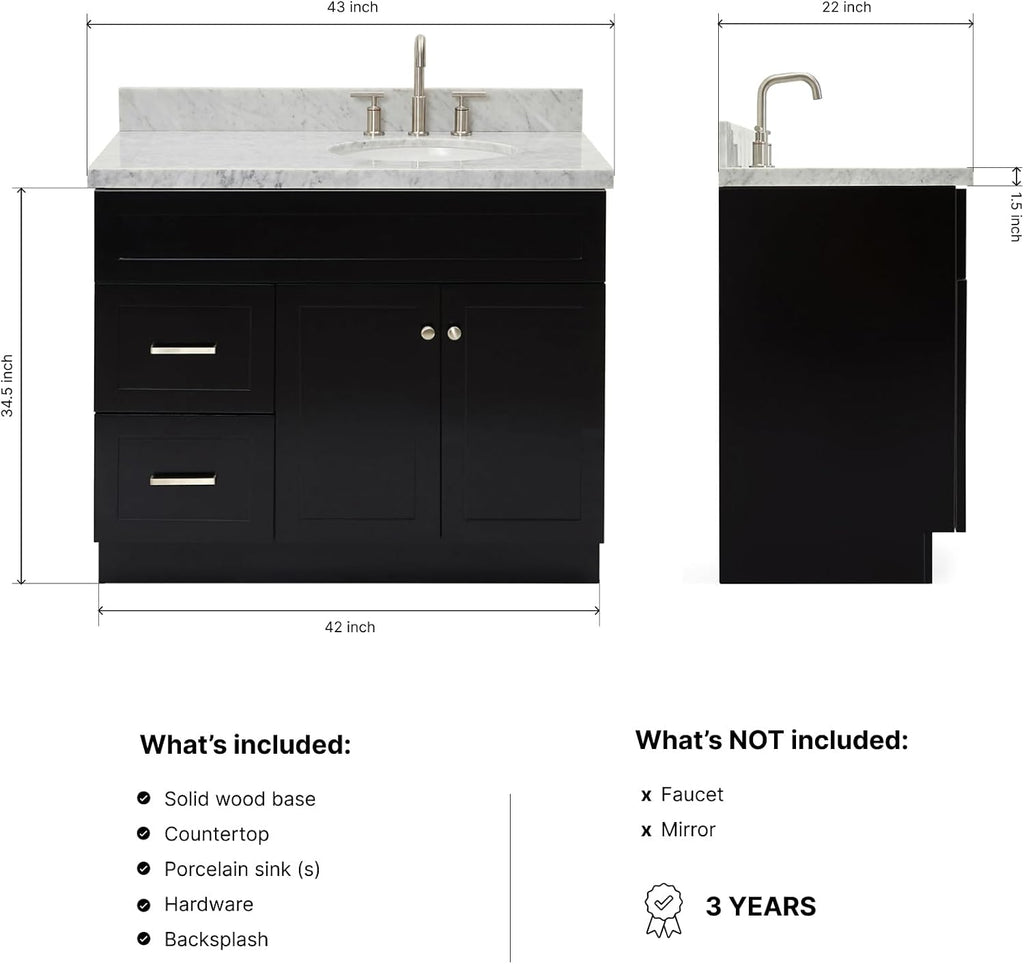 DKB Bradford 42' Black Bathroom Vanity with Sink, 1.5' Italian Carrara Marble Countertop, Solid Wood Frame, Oval Undermount Sink, Soft Closing Doors & Drawers