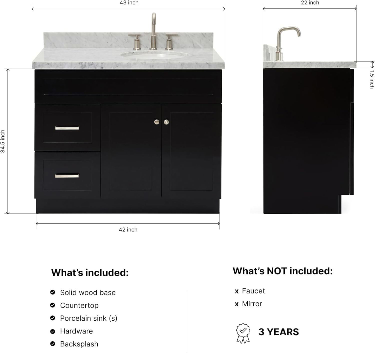 DKB Bradford 42' Black Bathroom Vanity with Sink, 1.5' Italian Carrara Marble Countertop, Solid Wood Frame, Oval Undermount Sink, Soft Closing Doors & Drawers