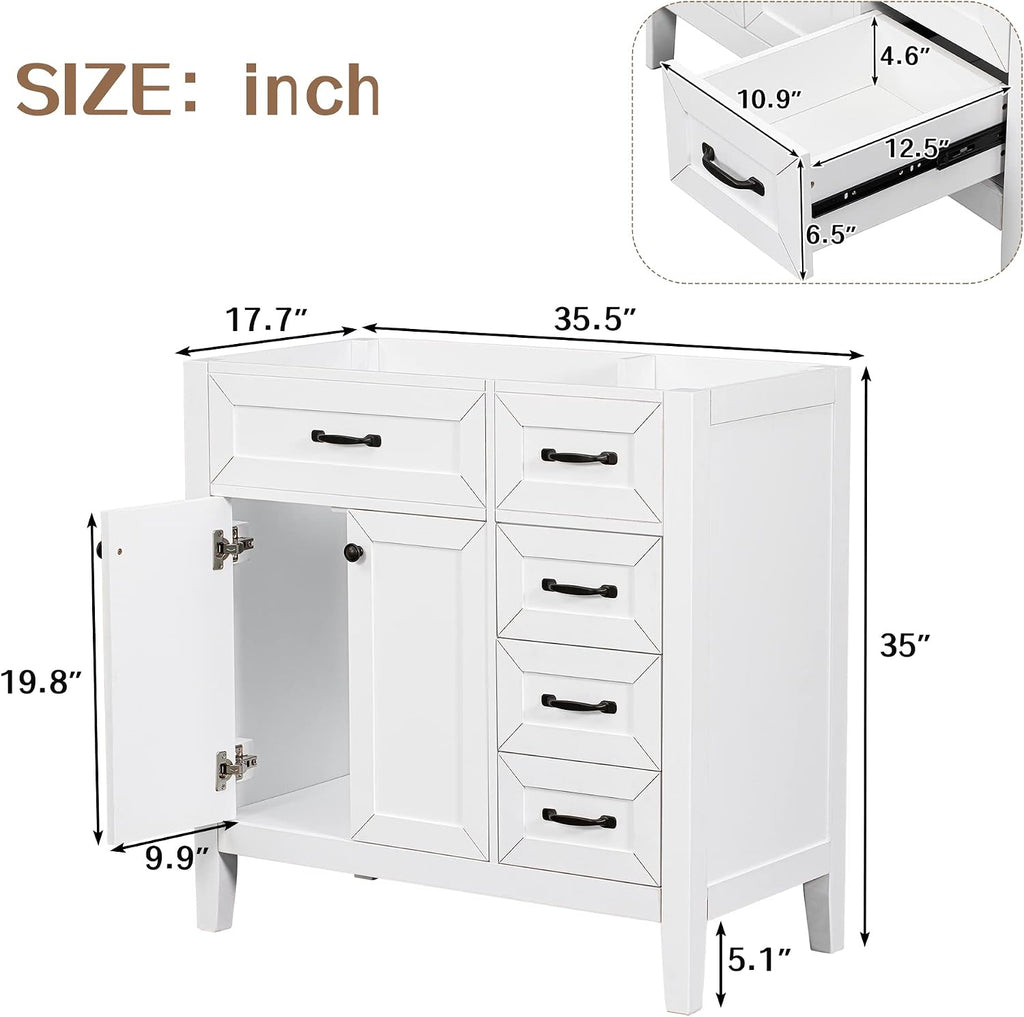 36 Inch Bathroom Vanity Without Sink, Base Only, Storage Cabinet with Doors and Drawers, White