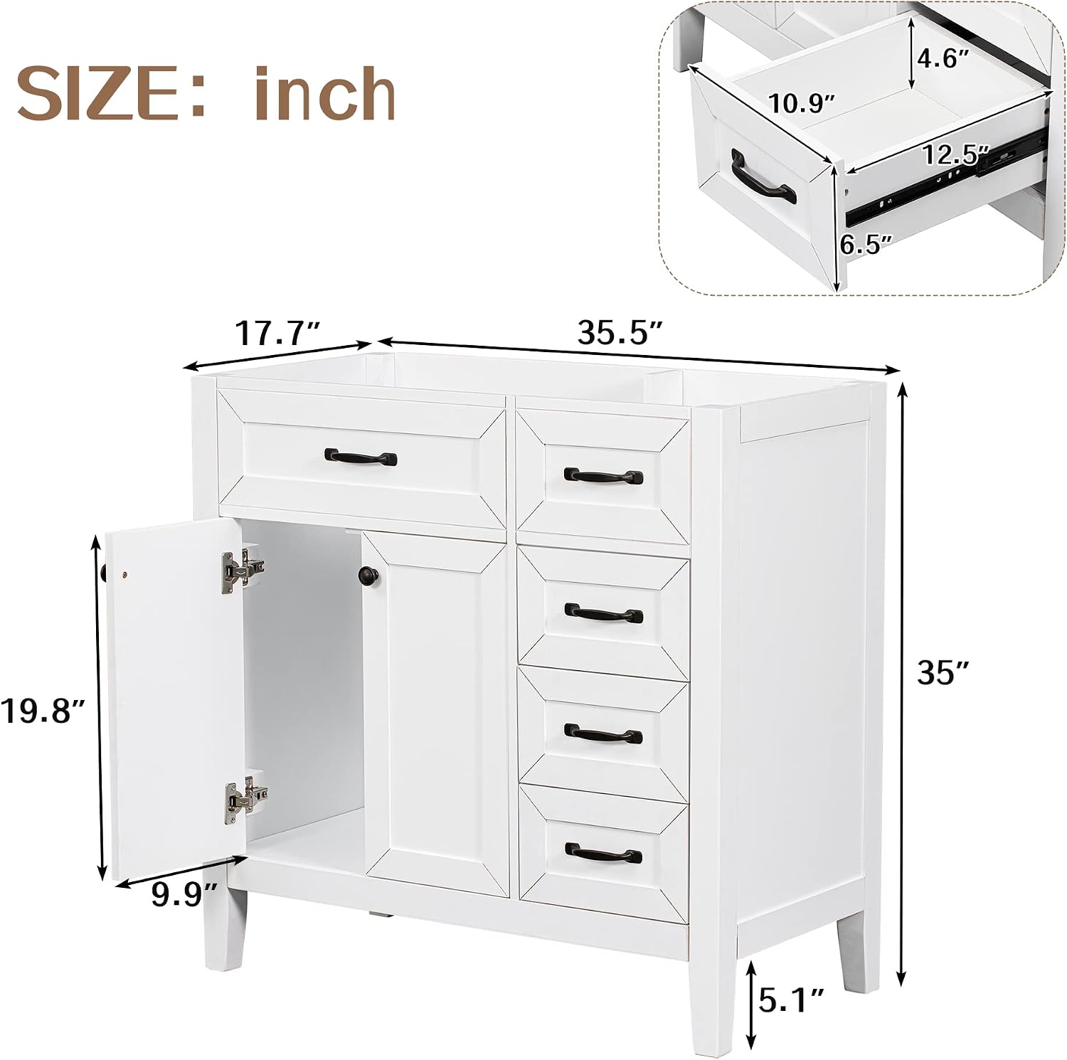 36 Inch Bathroom Vanity Without Sink, Base Only, Storage Cabinet with Doors and Drawers, White