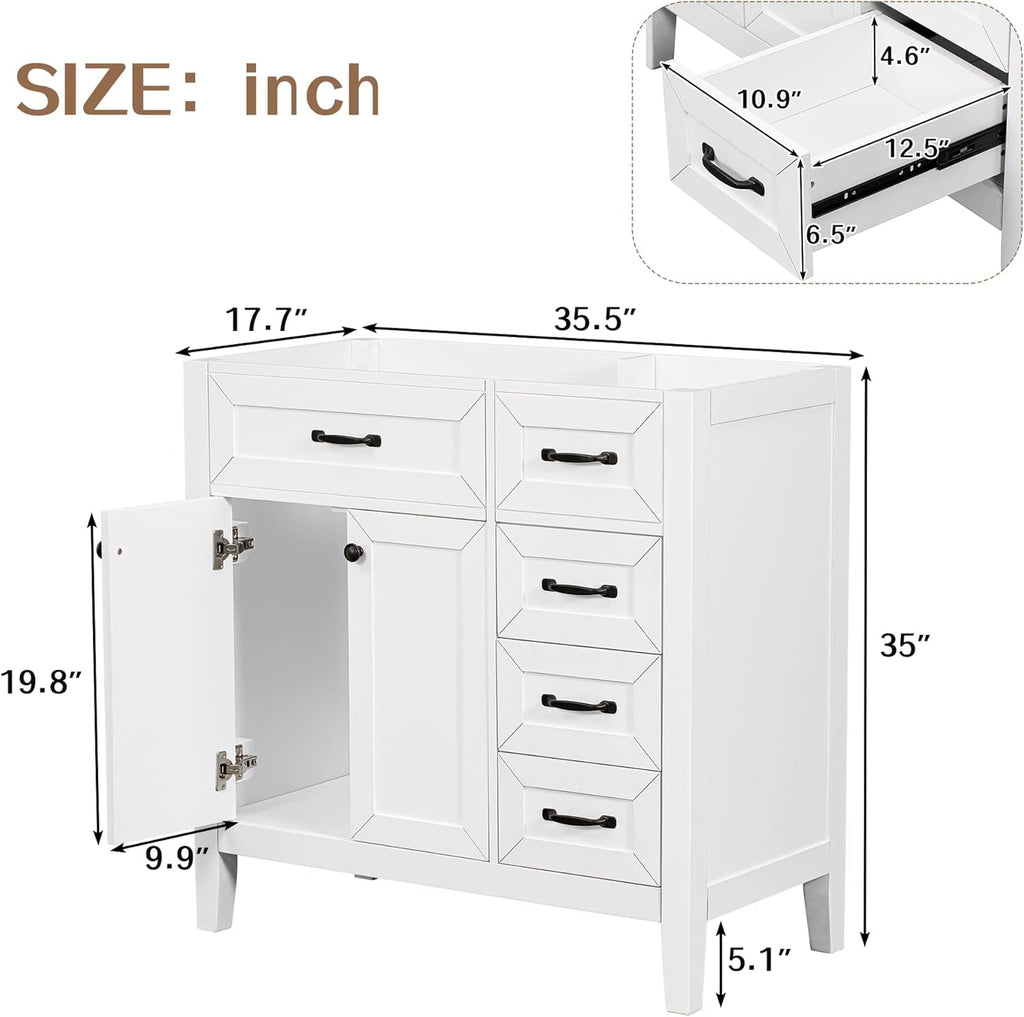 36' Bathroom Vanity Without Sink, Base Only,Solid Wood Cabinets Basin Vessel Set w/Water, Stain Proof,Enclosed Storage Spaces,Eco-Friendly Painting,Easy to Install,White