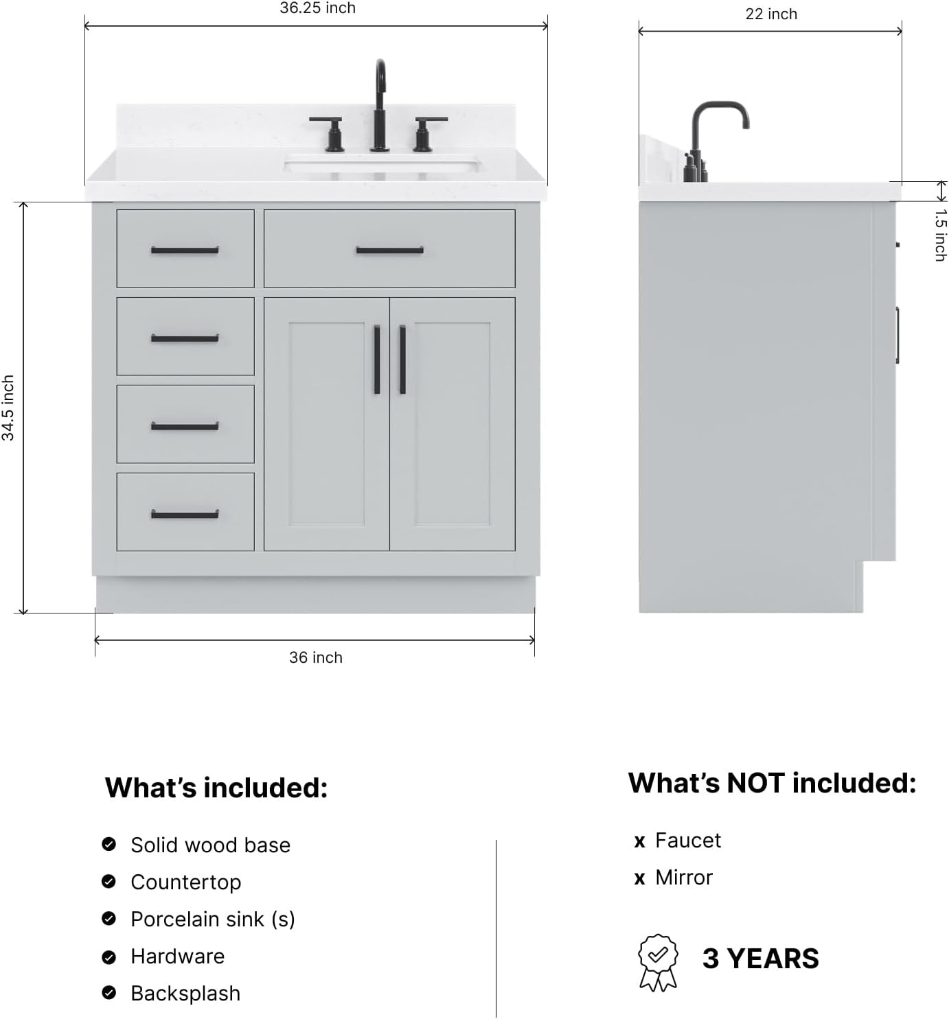 ARIEL Hepburn 36-inch Bathroom Vanity with Sink,Solid Wood, 1.5-inch Carrara White Quartz Countertop & Backsplash, Single Rectangular Porcelain Sink, 2 Soft Closing Doors, 5 Dovetail Drawers, Grey