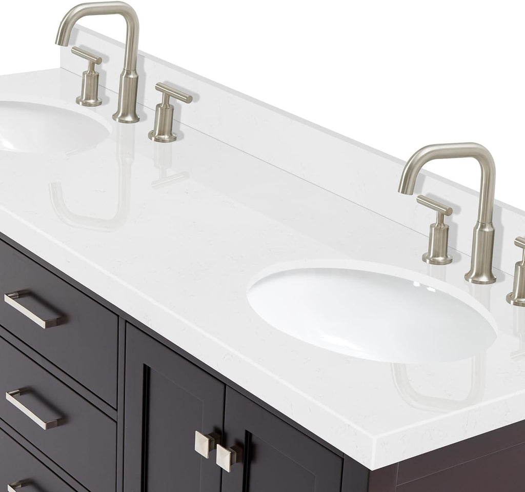 ARIEL Cambridge 66-inch Bathroom Vanity with Sink,Solid Wood, 1.5-inch Carrara White Quartz Countertop & Backsplash, Double Oval Porcelain Sink, 4 Soft Closing Doors, 6 Dovetail Drawers, Espresso