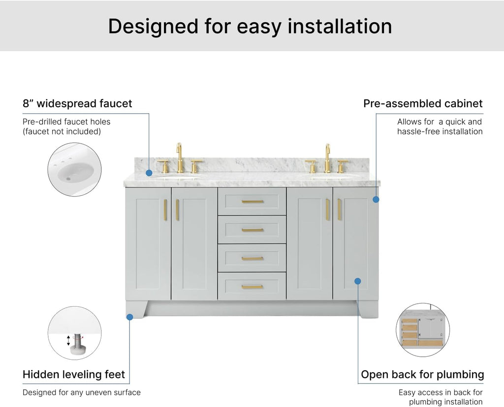 ARIEL Taylor 66-inch Bathroom Vanity with Sink,Solid Wood, 1.5-inch Italian Carrara Marble Countertop & Backsplash, Double Oval Porcelain Sink, 4 Soft Closing Doors, 5 Dovetail Drawers, Grey