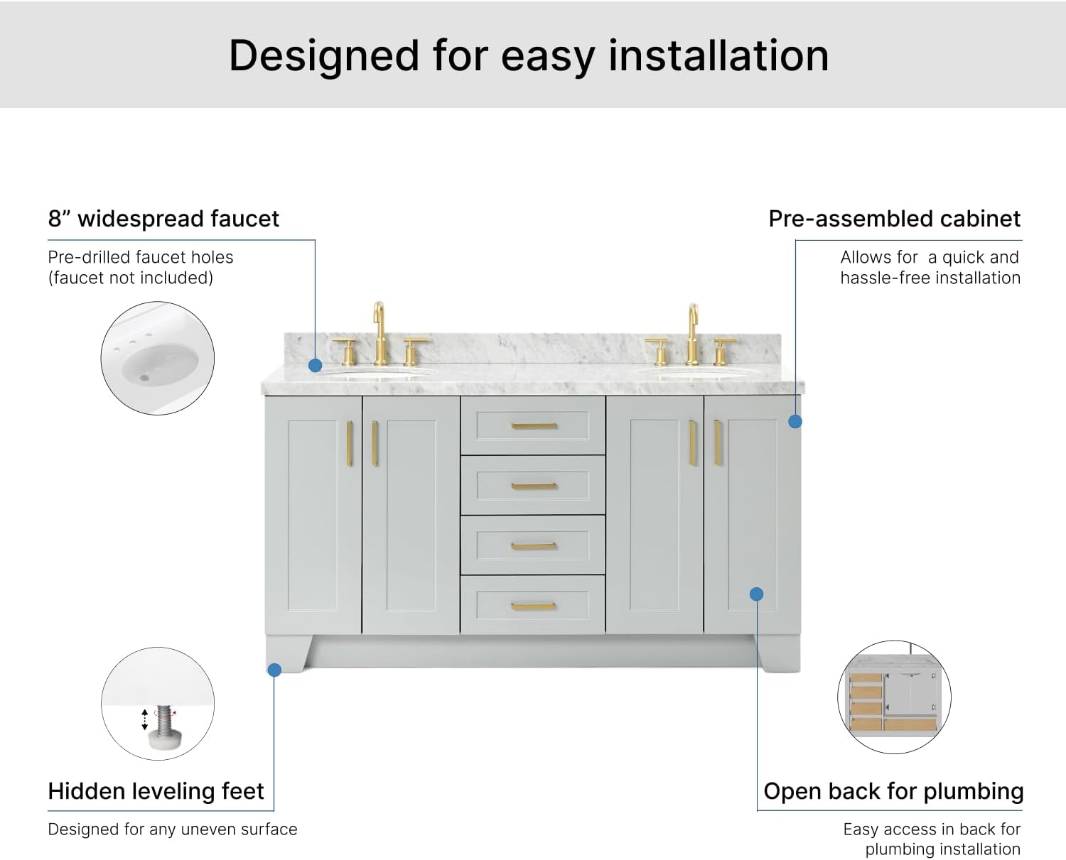 ARIEL Taylor 66-inch Bathroom Vanity with Sink,Solid Wood, 1.5-inch Italian Carrara Marble Countertop & Backsplash, Double Oval Porcelain Sink, 4 Soft Closing Doors, 5 Dovetail Drawers, Grey