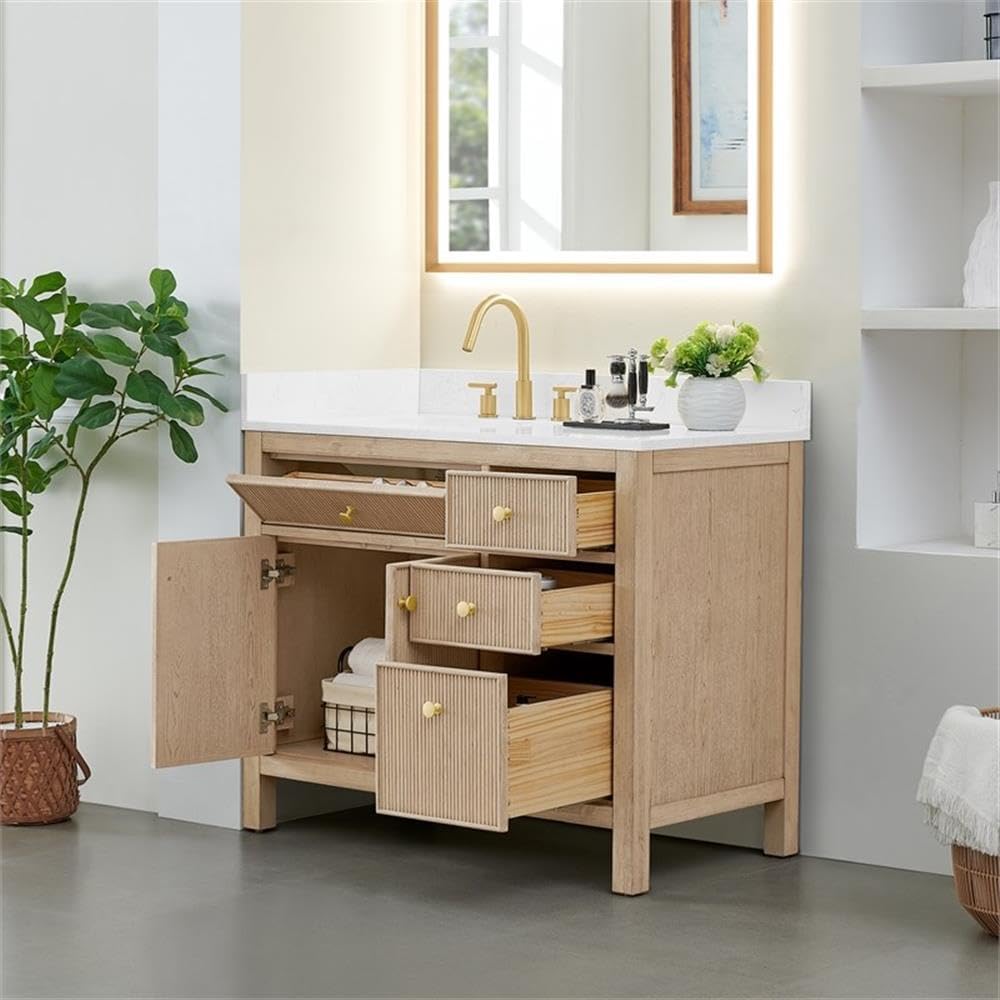 Pemberly Row 42' Wood Bathroom Vanity, Natural Oak Finish, Stone Top, Fluted 2-Door Design, 4 Drawers, Ceramic Sink, Pre-Drilled Faucet Holes, Contemporary Style, Storage for Bathroom Essentials