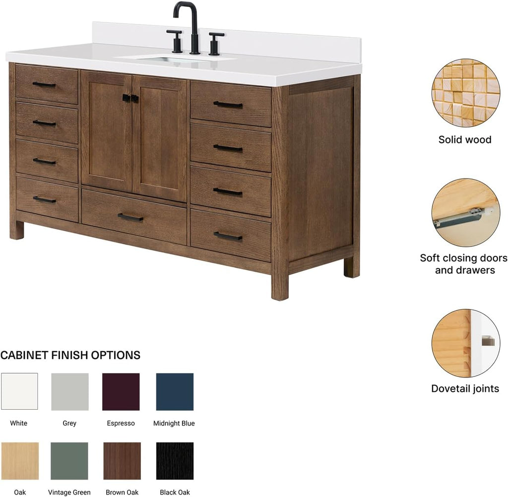 ARIEL Cambridge 66-inch Bathroom Vanity with Sink,Solid Wood, 1.5-inch Pure White Quartz Countertop, Single Rectangular Porcelain Sink, 2 Soft Closing Doors, 9 Dovetail Drawers, Brown Oak
