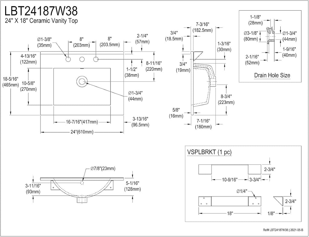Kingston Brass LBT24187W38 Ultra Modern 24-Inch Ceramic Vanity Sink Top (8' Faucet Drillings) in White