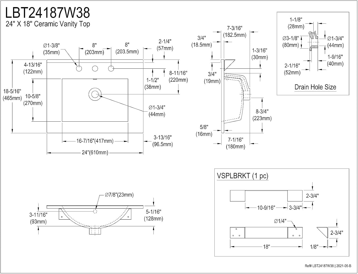 Kingston Brass LBT24187W38 Ultra Modern 24-Inch Ceramic Vanity Sink Top (8' Faucet Drillings) in White