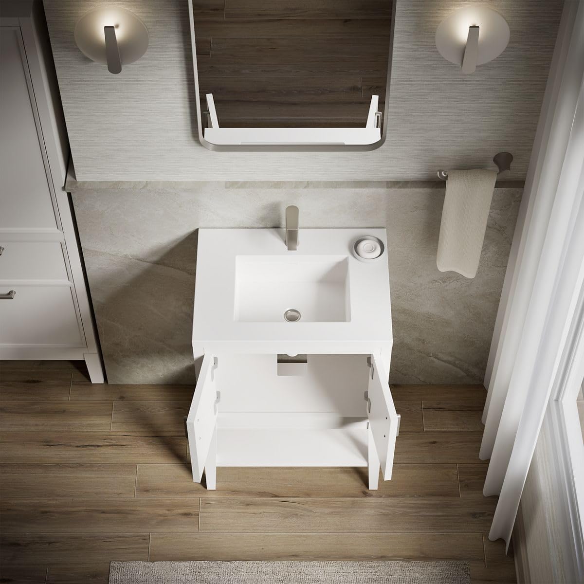 Kohler Winnow 24 Inch Bathroom Vanity Cabinet with White Single Sink and Quartz Top, Modern Bathroom Vanity, White, K-33577-ASB-0