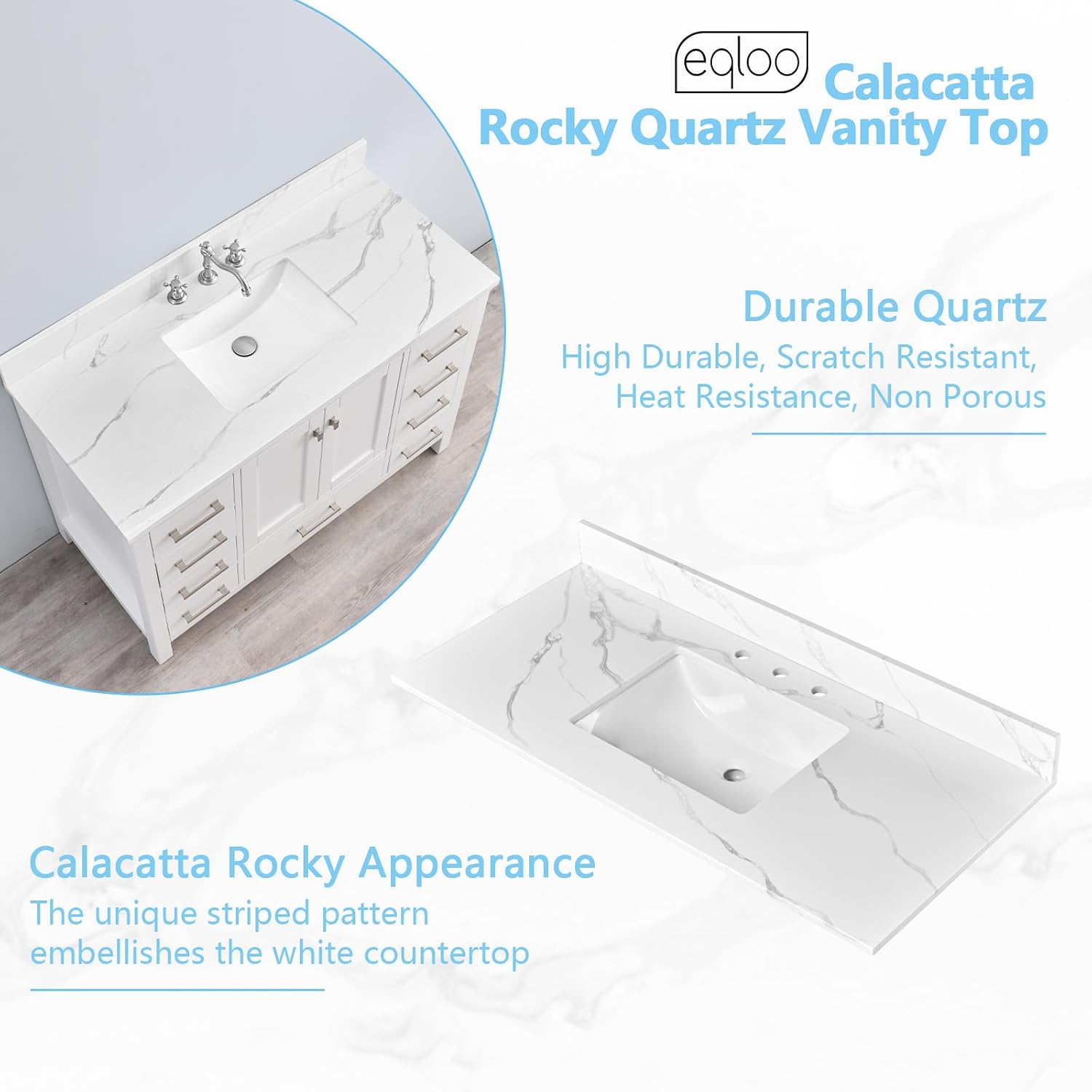 48 in. W x 22 in D Quartz Vanity Top in Calacatta Rocky, Vanity Sink Top with Assembled Single Drop-in Sink, Pre-Drilled Widespread Faucet Holes Countertop with 4' H Backsplash