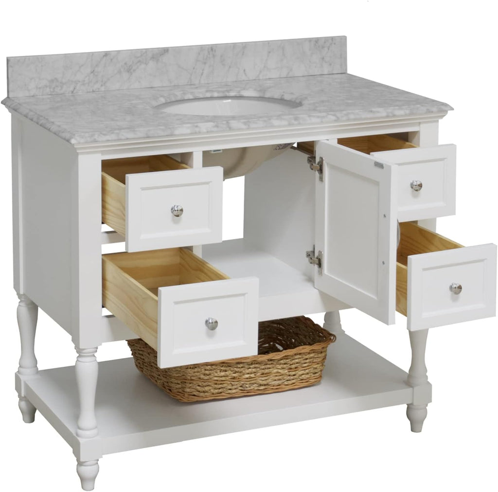 Beverly 42-inch Bathroom Vanity (White/Carrara): Includes White Cabinet with Authentic Italian Carrara Marble Countertop and White Ceramic Sink