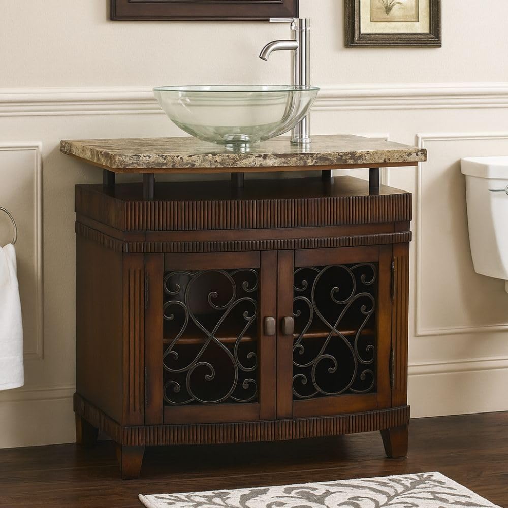 36 Inch Artturi Bathroom Vanity, Traditional Classic Style, Vessel Sink Design, Natural Stone Top with Clear Glass Bowl, Single Sink, 2 Cabinet Doors
