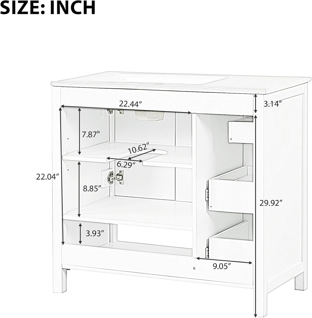 LUMISOL 36' Bathroom Vanity with Ceramic Sink, Modern Bathroom Vanities with 2 Drawers, Soft-Close Doors & Open Shelf, Solid Wood Bathroom Sink Cabinet with Offset Sink, Gray