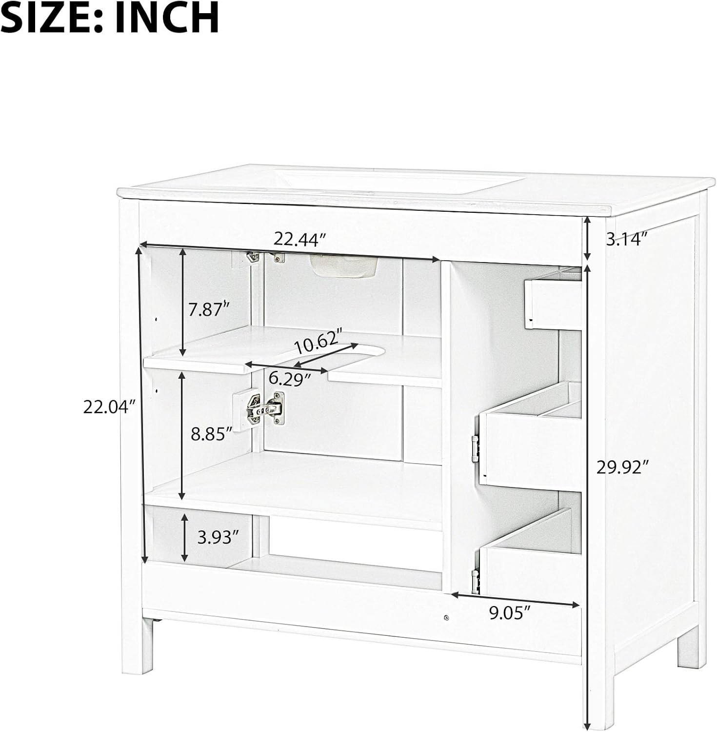LUMISOL 36' Bathroom Vanity with Ceramic Sink, Modern Bathroom Vanities with 2 Drawers, Soft-Close Doors & Open Shelf, Solid Wood Bathroom Sink Cabinet with Offset Sink, Gray