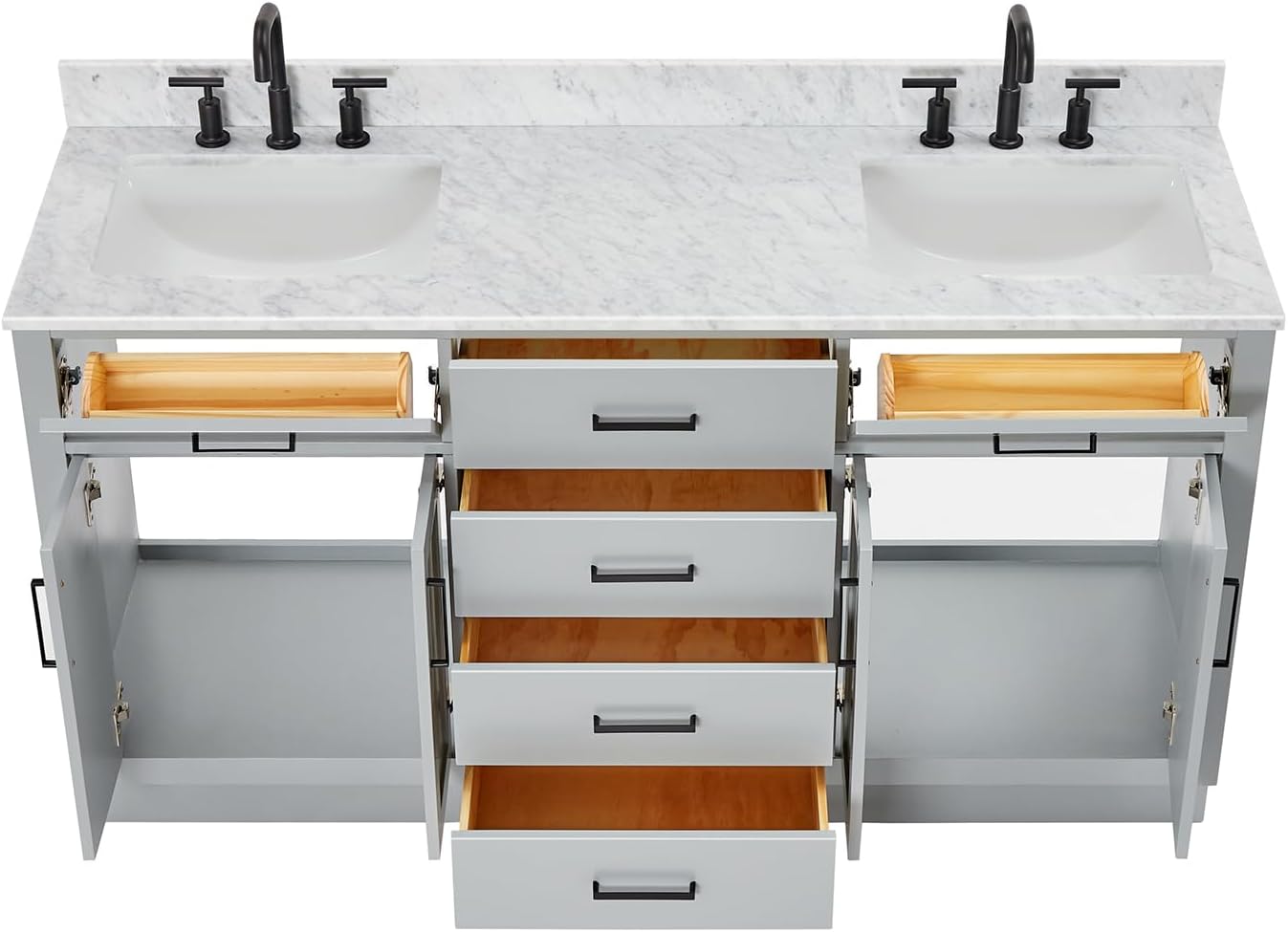 ARIEL Hepburn 66-inch Bathroom Vanity with Sink,Solid Wood, 0.75-inch Italian Carrara Marble Countertop, Double Rectangular Porcelain Sink, 4 Soft Closing Doors, 6 Dovetail Drawers, Grey