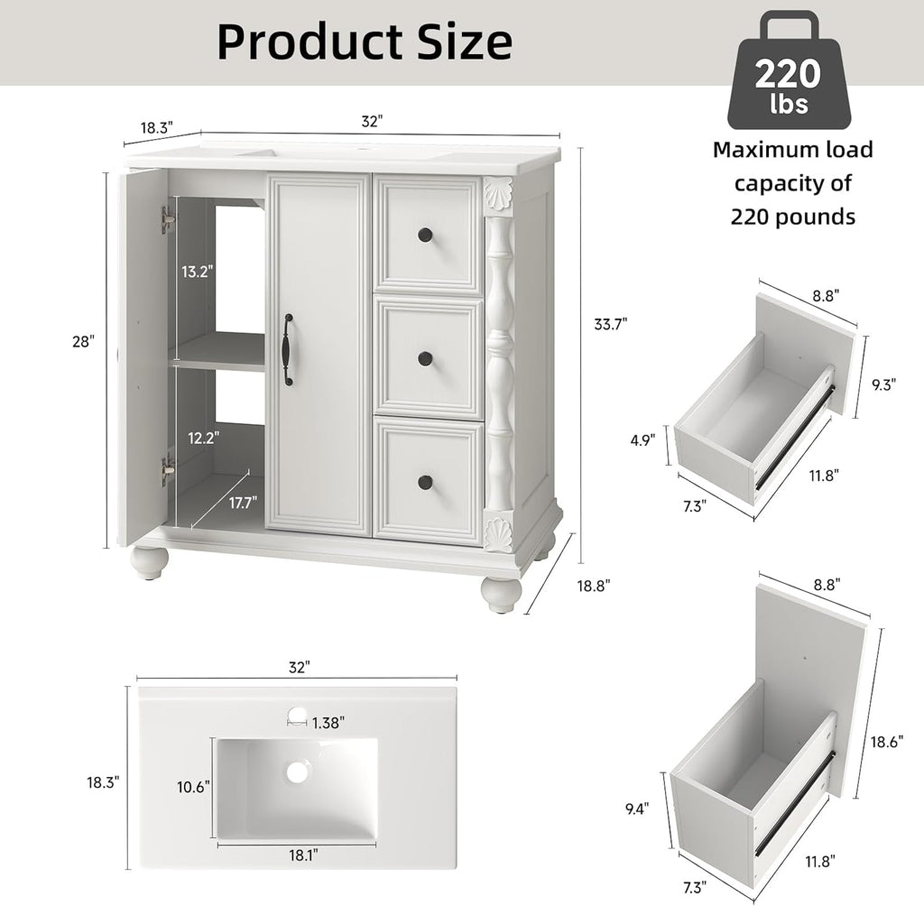 ONBRILL Bathroom Vanity with Sink Combo, Modern Bathroom Vanities with Adjustable Shelf, 4 Solid Legs, 2 Drawers, 2 Doors, Ceramic Integrated Sink, Freestanding Bath Storage Cabinet (32', White)