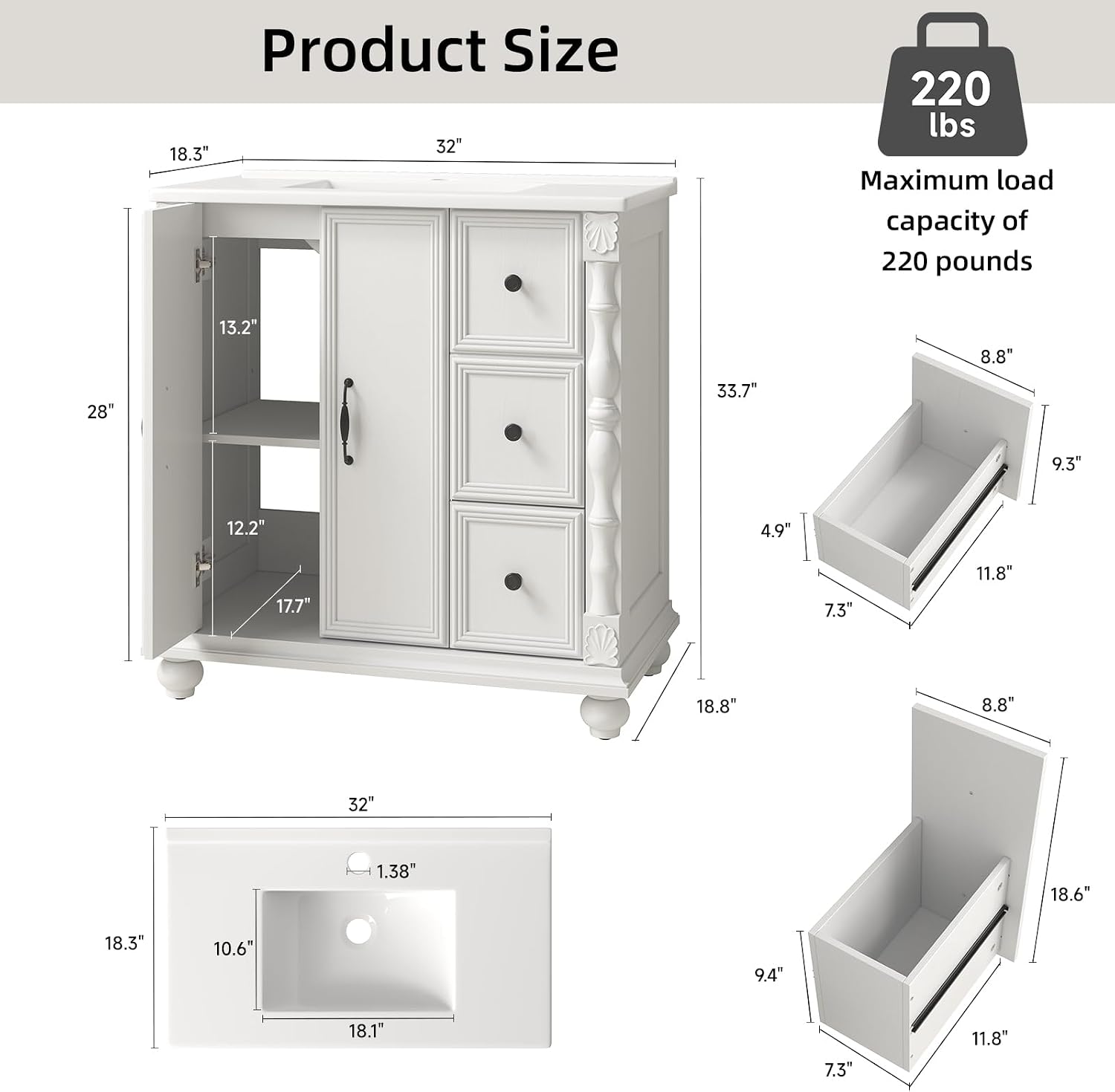 ONBRILL Bathroom Vanity with Sink Combo, Modern Bathroom Vanities with Adjustable Shelf, 4 Solid Legs, 2 Drawers, 2 Doors, Ceramic Integrated Sink, Freestanding Bath Storage Cabinet (32', White)