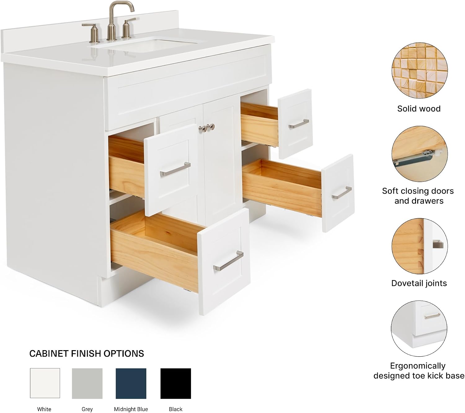 ARIEL Hamlet 42-inch Bathroom Vanity with Sink,Solid Wood, 1.5-inch Pure White Quartz Countertop & Backsplash, Single Oval Sink, 2 Soft Closing Doors, 4 Dovetail Drawers, White
