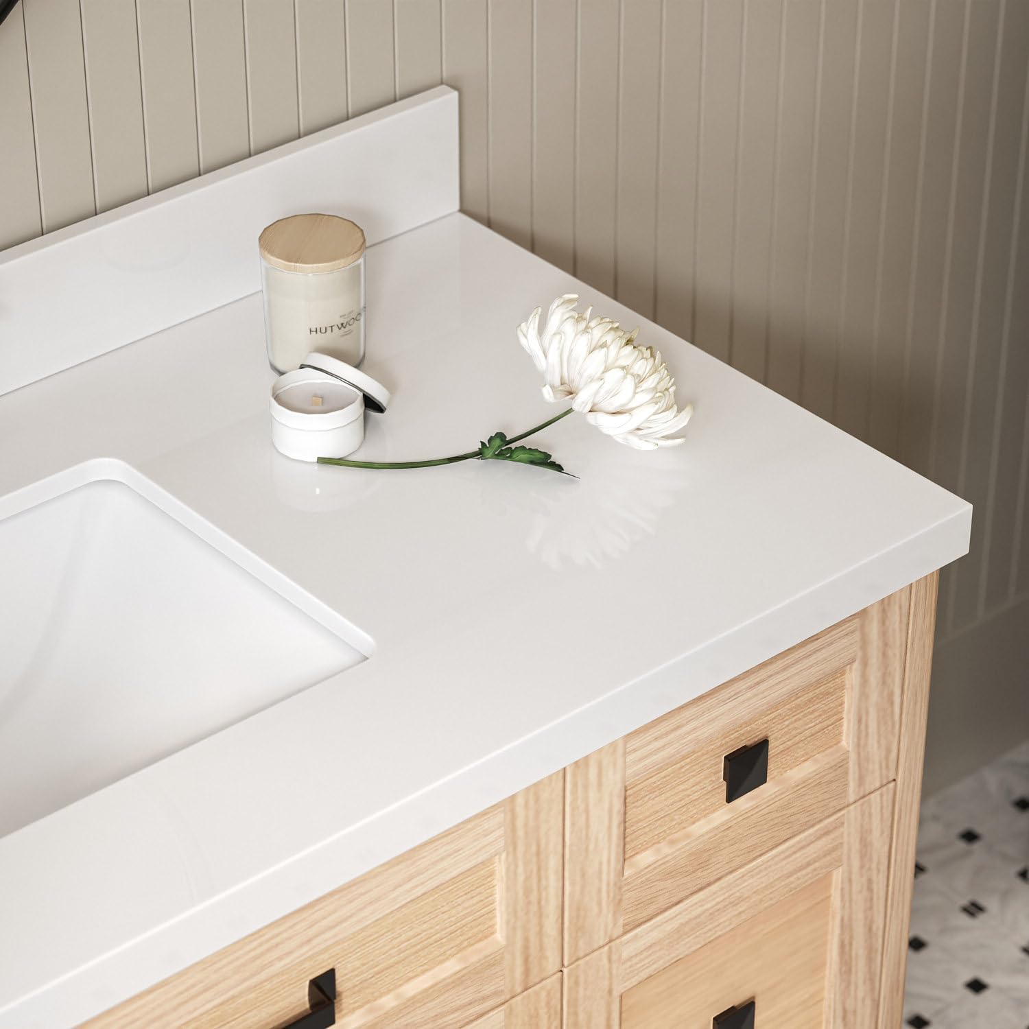 ARIEL Monroe 48-inch Bathroom Vanity with Sink,Solid Wood, 1.5-inch Pure White Quartz Countertop & Backsplash, Single Rectangular Porcelain Sink, 9 Dovetail Drawers, Matte Black, White Oak