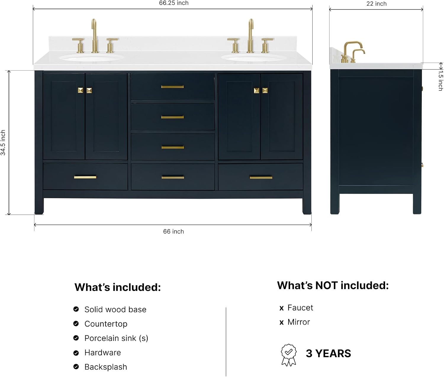 ARIEL Cambridge 66-inch Bathroom Vanity with Sink,Solid Wood, 1.5-inch Carrara White Quartz Countertop, Double Oval Porcelain Sink, 4 Soft Closing Doors, 6 Dovetail Drawers, Midnight Blue
