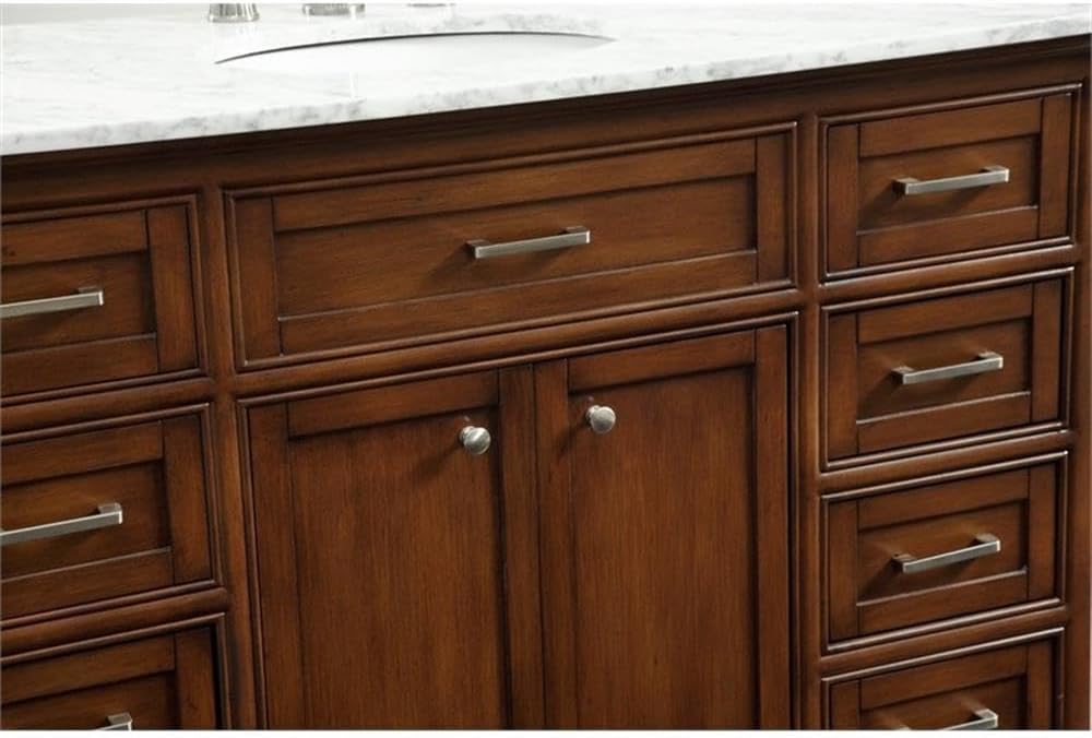 Pemberly Row Contemporary 48' Wood Single Bathroom Vanity, Brown Teak Finish, Italian Carrara Marble Top, Oval Porcelain Undermount Sink, Free-Standing Design, 8 Drawers, 2 Doors, Bathroom Essential
