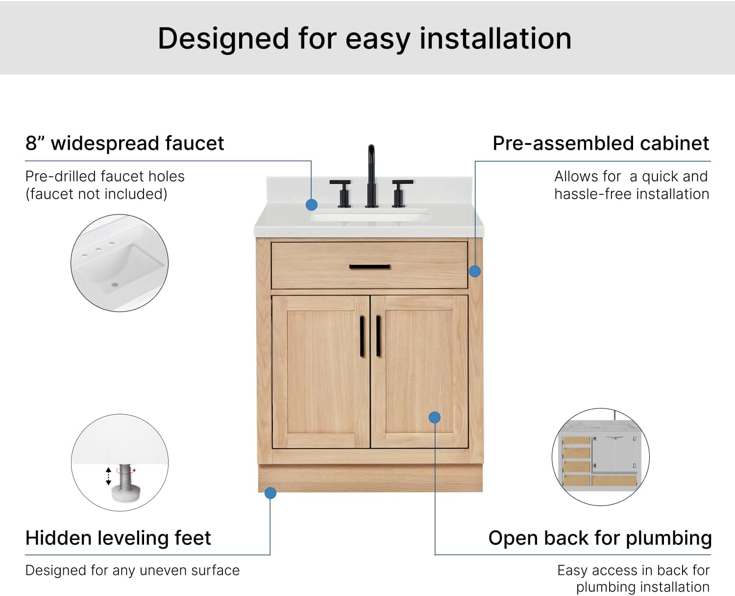ARIEL Hepburn 30-inch Bathroom Vanity with Sink,Solid Wood, 1.5-inch Carrara White Quartz Countertop, Single Rectangular Porcelain Sink, 2 Soft Closing Doors, 1 Dovetail Drawers, White Oak