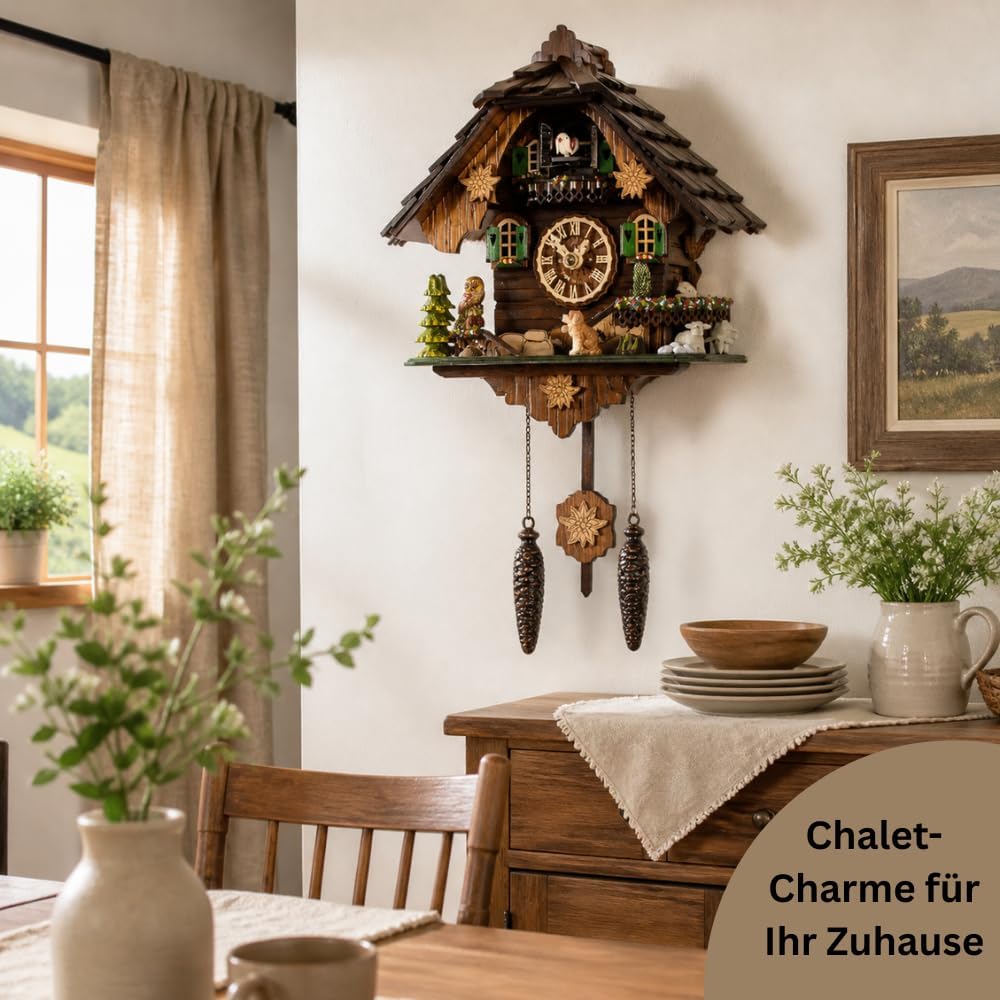Cuckoo-Palace Saint Bernard Chalet Cuckoo Clock – 32 cm Quartz Clock, Traditional Black Forest House Design, Brown