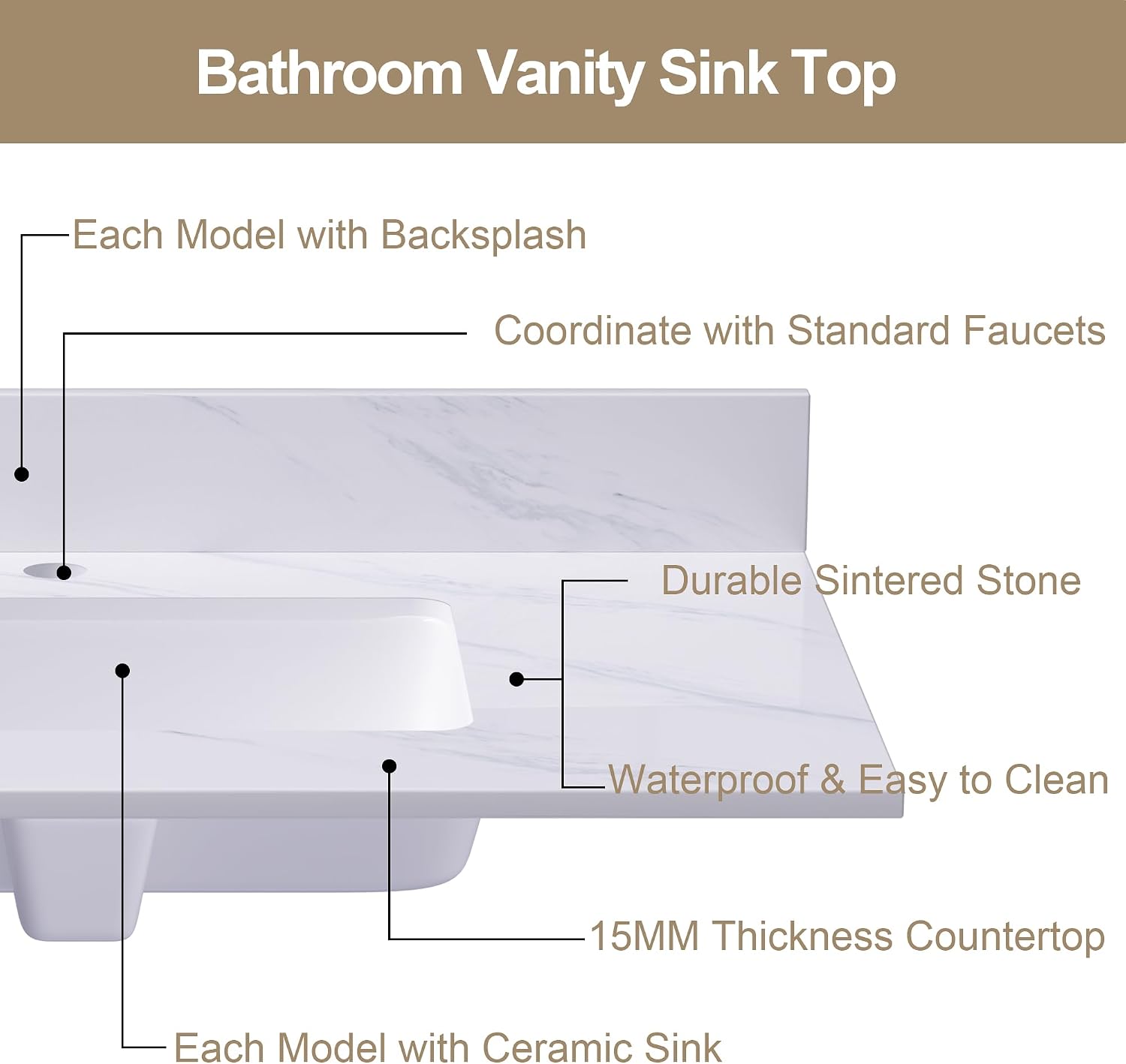 43 Inch Marble Vanity Top with Sink, Sintered Stone Vanity Sink Top with Undermount Ceramic Sink & Backsplash, Single Hole Countertops for Bathroom (Elegant White)