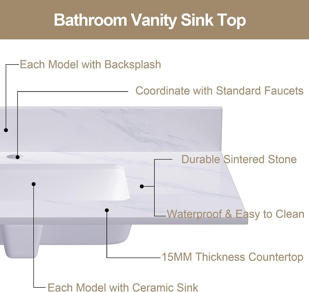 Leavader 31 x 22 Inch Bathroom Vanity with Sink, Elegant White Sintered Stone Marble Top with Rectangular Undermount Sink & Backsplash