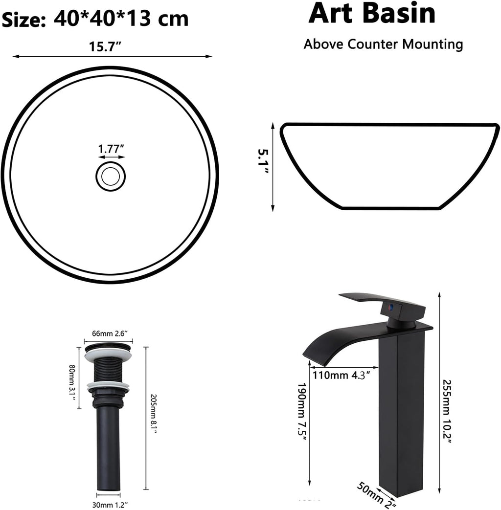 Marbling Small Vessel Sink With Black Faucet And Drain Combo Round Ceramic Basin Bowls Above Counter Bowl Sinks for Bathrooms Countertop Bathroom Sinks Gray With Gold